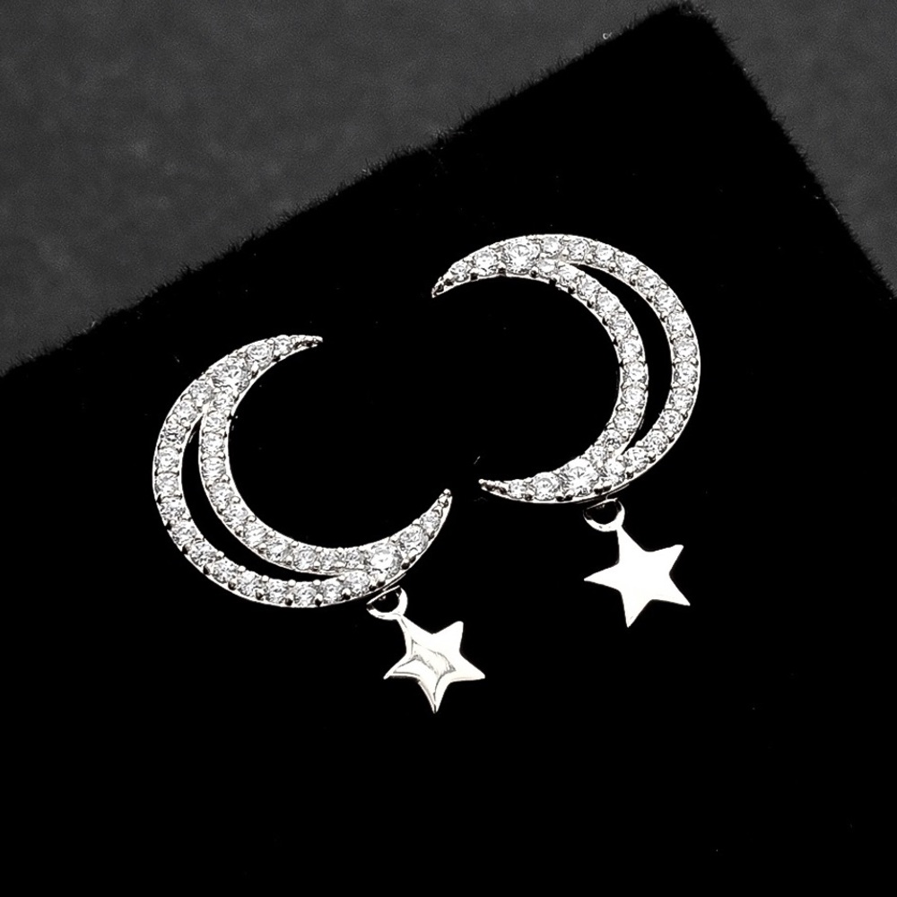 Delicate Silver Tone Moon & Dangling Star Earrings - Picture 5 of 8